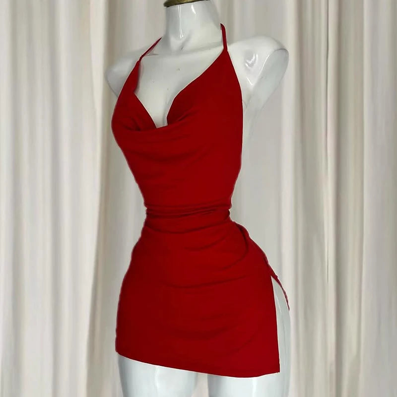 Vestido camisola sexy con cuello halter para mujer, vestido Spice Girl de verano, minivestido rojo sexy sin mangas con espalda descubierta Y2K, falda ajustada para mujer