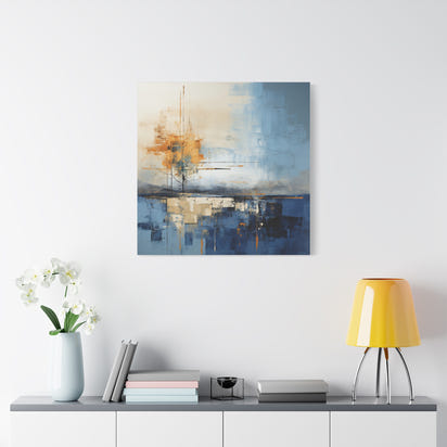 Abstrakte Landschaftsmalerei auf Leinwand – Ruhige blaue und orangefarbene Dekoration
