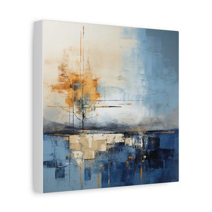 Abstrakte Landschaftsmalerei auf Leinwand – Ruhige blaue und orangefarbene Dekoration