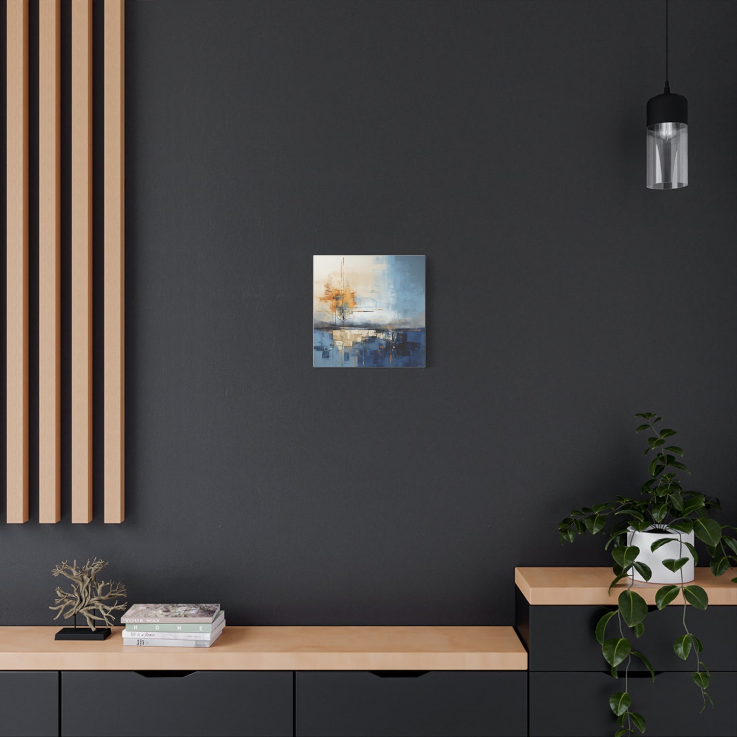 Abstrakte Landschaftsmalerei auf Leinwand – Ruhige blaue und orangefarbene Dekoration