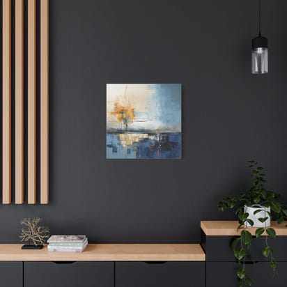 Abstrakte Landschaftsmalerei auf Leinwand – Ruhige blaue und orangefarbene Dekoration