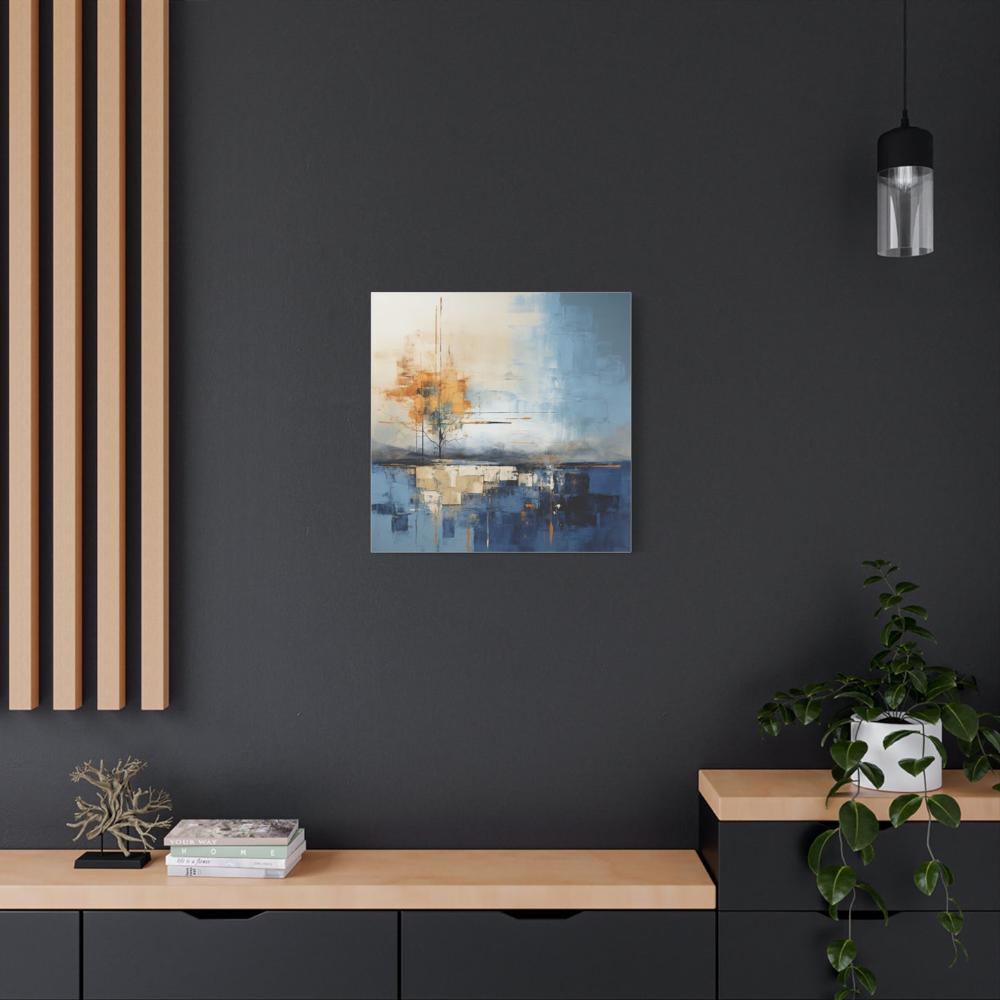 Abstrakte Landschaftsmalerei auf Leinwand – Ruhige blaue und orangefarbene Dekoration