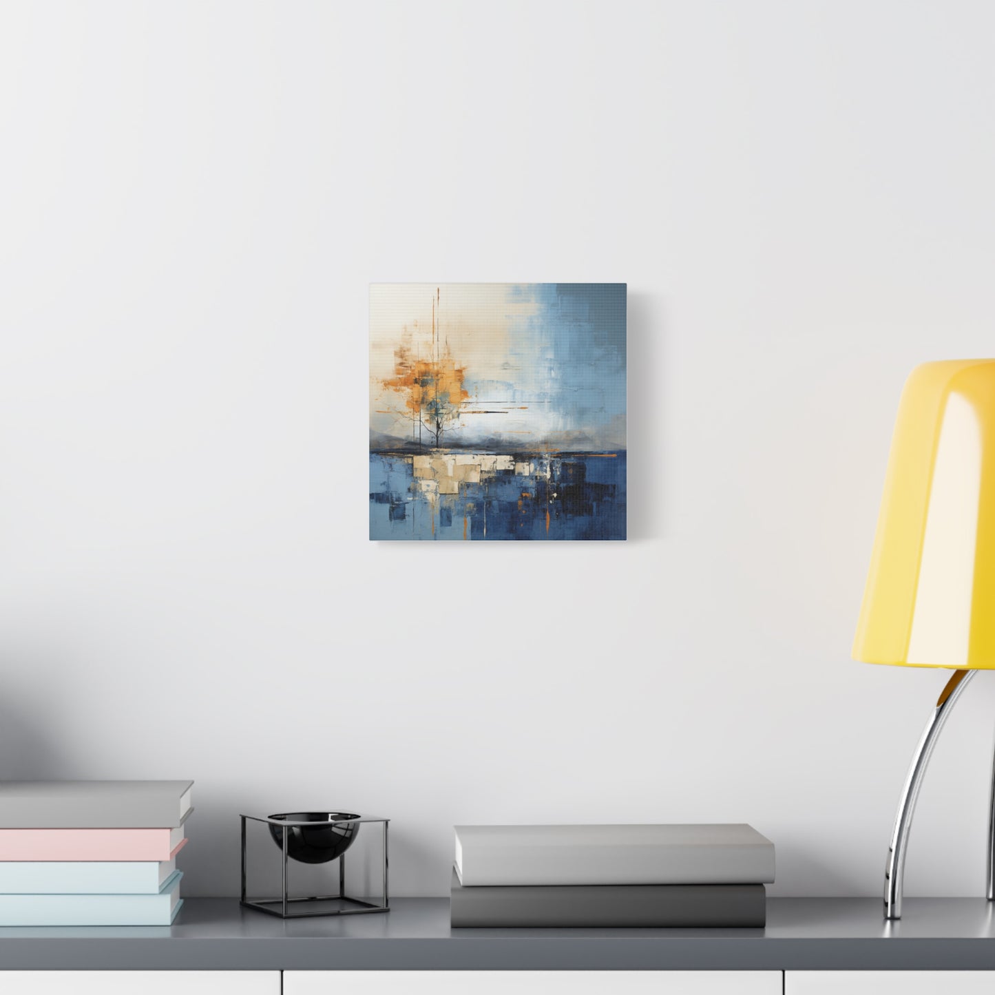 Abstrakte Landschaftsmalerei auf Leinwand – Ruhige blaue und orangefarbene Dekoration