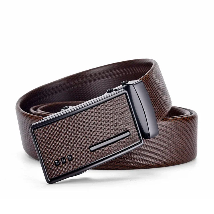 Men's Auto Buckle Business Belt - Textured PU Leather Strap, Metal Clasp Dress Belt Black (High Quality)