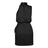 Vestido de fiesta de seda satinada negra para mujer, de verano, sin mangas, espalda descubierta, cuello alto, cintura anudada, ajustado, fruncido, para noche.