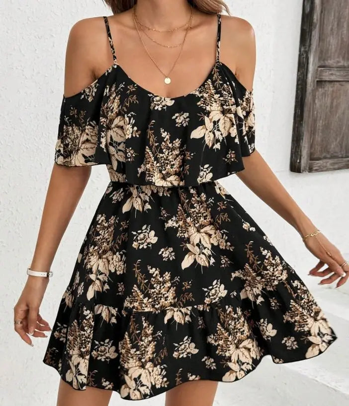 Elegante minivestido estampado con cuello halter para mujer, falda plisada con cintura lazada y manga corta con cuello en V, a la moda.