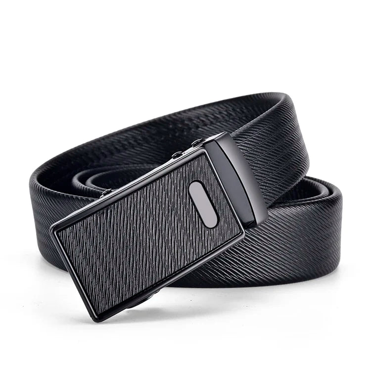 Men's Auto Buckle Business Belt - Textured PU Leather Strap, Metal Clasp Dress Belt Black (High Quality)