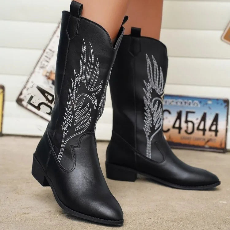 Goldene, wadenhohe Stiefel für Damen, silberne, spitze Western-Cowboystiefel im Retro-Stil, schwarze Stiefel in Übergrößen (36-43)