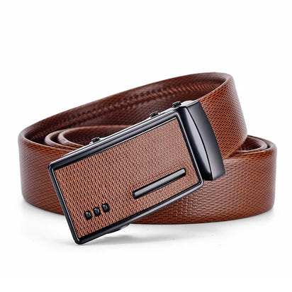 Men's Auto Buckle Business Belt - Textured PU Leather Strap, Metal Clasp Dress Belt Black (High Quality)