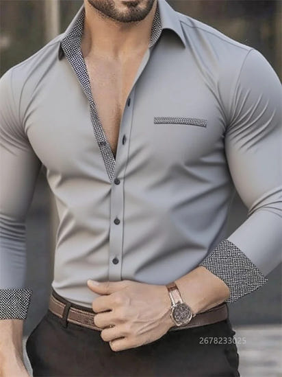 Camisa de negocios para hombre, con solapa, color negro, blanco y gris, manga larga con botones para exteriores, tela suave de alta calidad, tallas XS-6XL