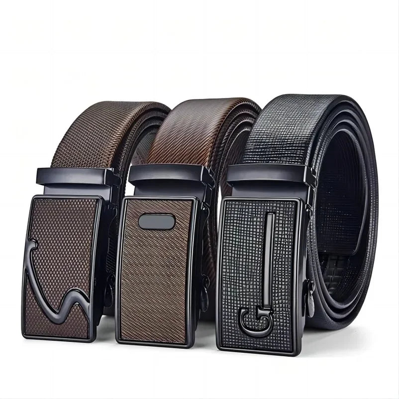 Men's Auto Buckle Business Belt - Textured PU Leather Strap, Metal Clasp Dress Belt Black (High Quality)