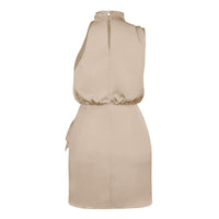 Vestido de fiesta de seda satinada negra para mujer, de verano, sin mangas, espalda descubierta, cuello alto, cintura anudada, ajustado, fruncido, para noche.