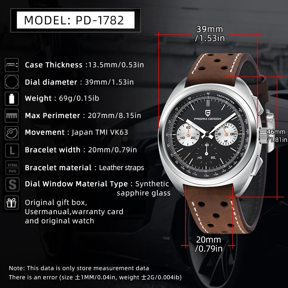PAGANI DESIGN 2026 Retro Luxury Men's Watches Sports Chronograph VK63 Quartz Watch For Men AR Sapphire Waterproof Leather Clock