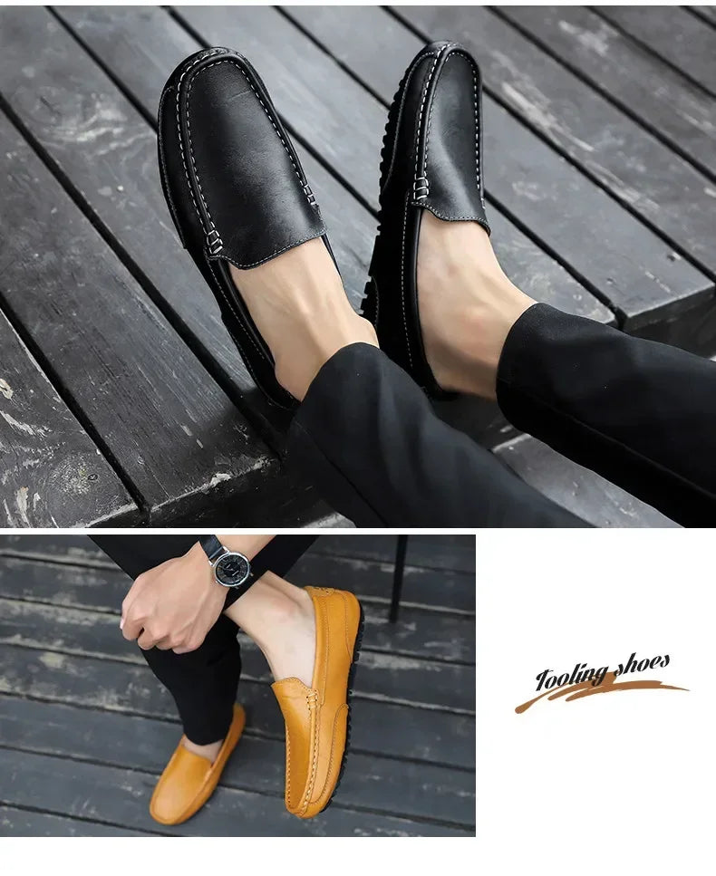 Mocasines informales transpirables de piel auténtica para hombre, zapatos de cuero sin cordones, formales, italianos, planos, para conducir