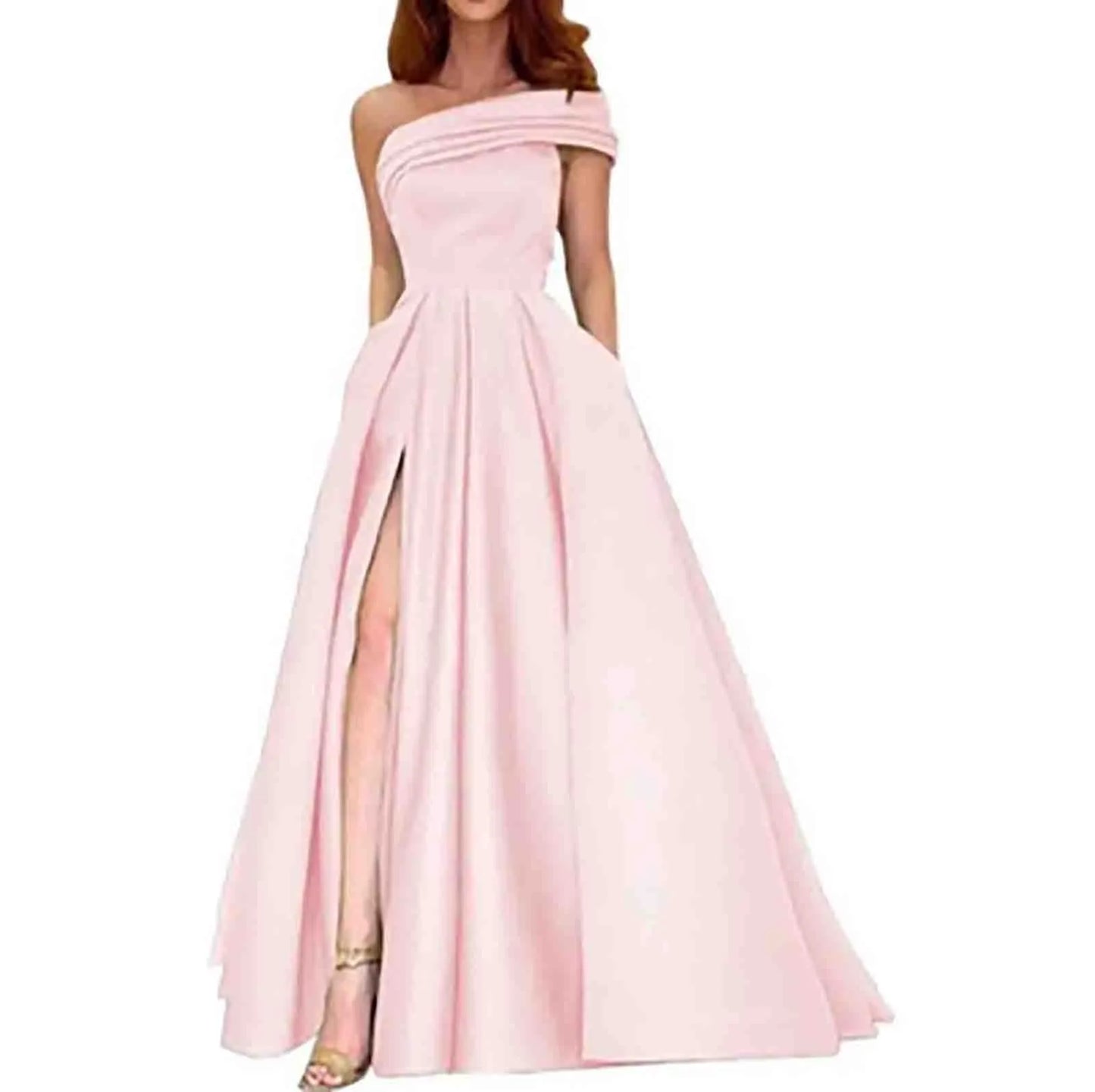 Women's Wedding Guest Dresses One Shoulder Satin Evening Dress High Waist Split Birthday Party Dress For Women فساتين سهرة