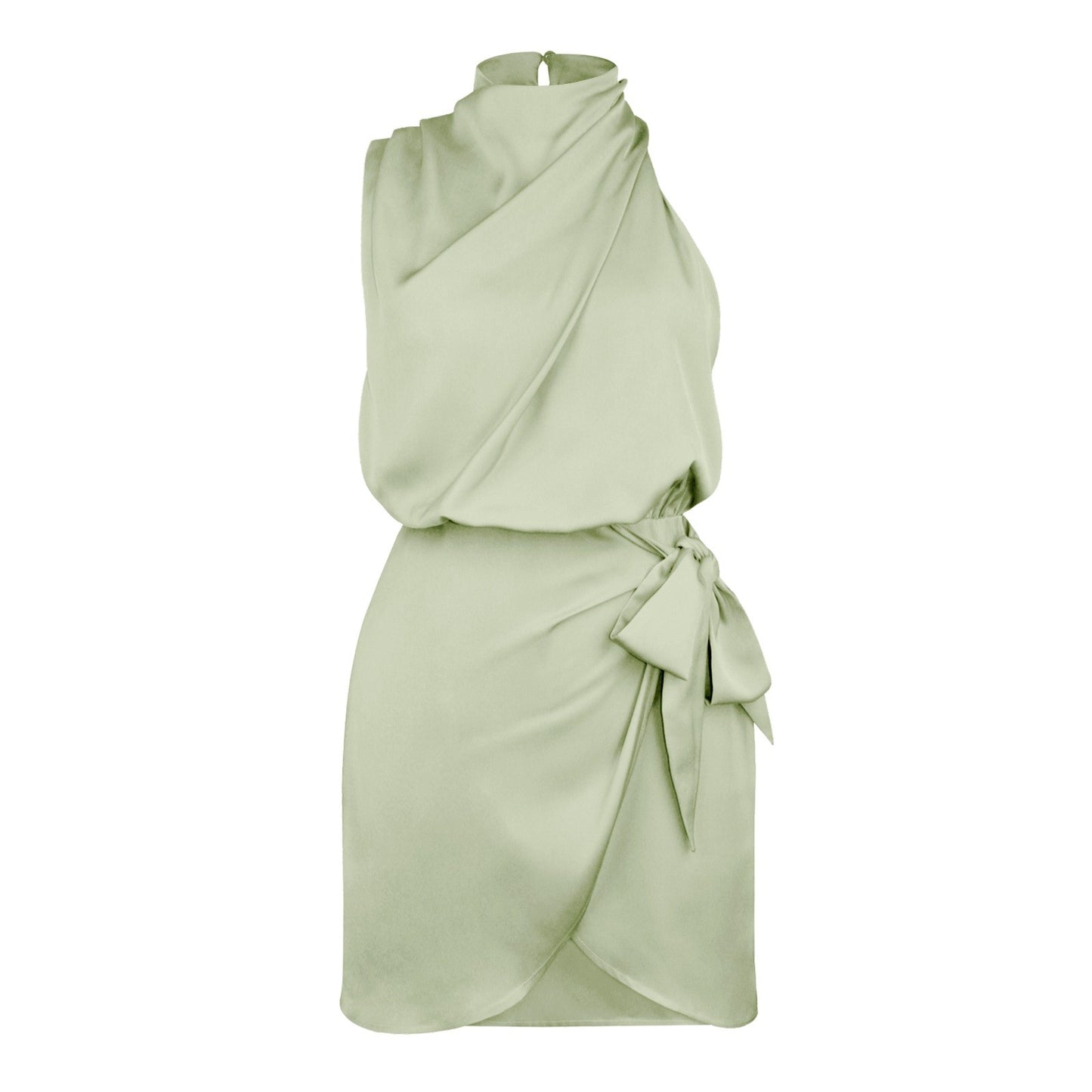 Vestido de fiesta de seda satinada negra para mujer, de verano, sin mangas, espalda descubierta, cuello alto, cintura anudada, ajustado, fruncido, para noche.