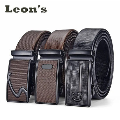 Men's Auto Buckle Business Belt - Textured PU Leather Strap, Metal Clasp Dress Belt Black (High Quality)
