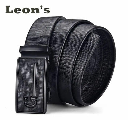 Men's Auto Buckle Business Belt - Textured PU Leather Strap, Metal Clasp Dress Belt Black (High Quality)