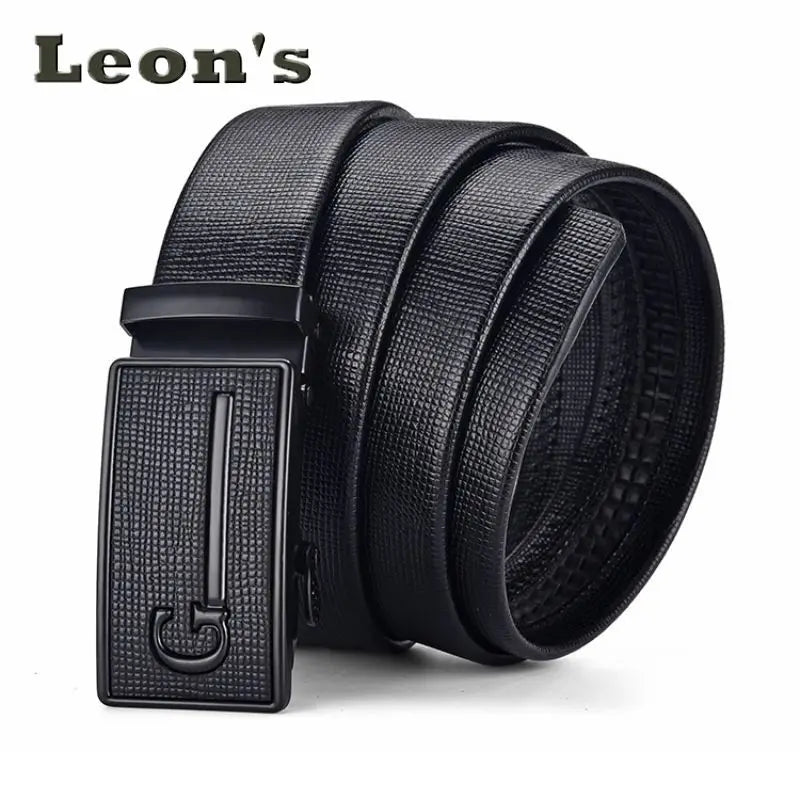 Men's Auto Buckle Business Belt - Textured PU Leather Strap, Metal Clasp Dress Belt Black (High Quality)