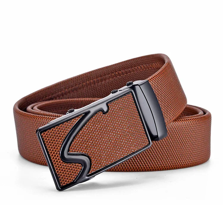 Men's Auto Buckle Business Belt - Textured PU Leather Strap, Metal Clasp Dress Belt Black (High Quality)