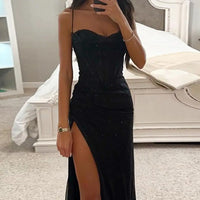 Women Evening Dress Spaghetti Strap Shiny Sequin Off Shoulder Sleeveless Low-cut High Split Loose Floor Length Women Prom Dress