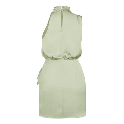 Vestido de fiesta de seda satinada negra para mujer, de verano, sin mangas, espalda descubierta, cuello alto, cintura anudada, ajustado, fruncido, para noche.