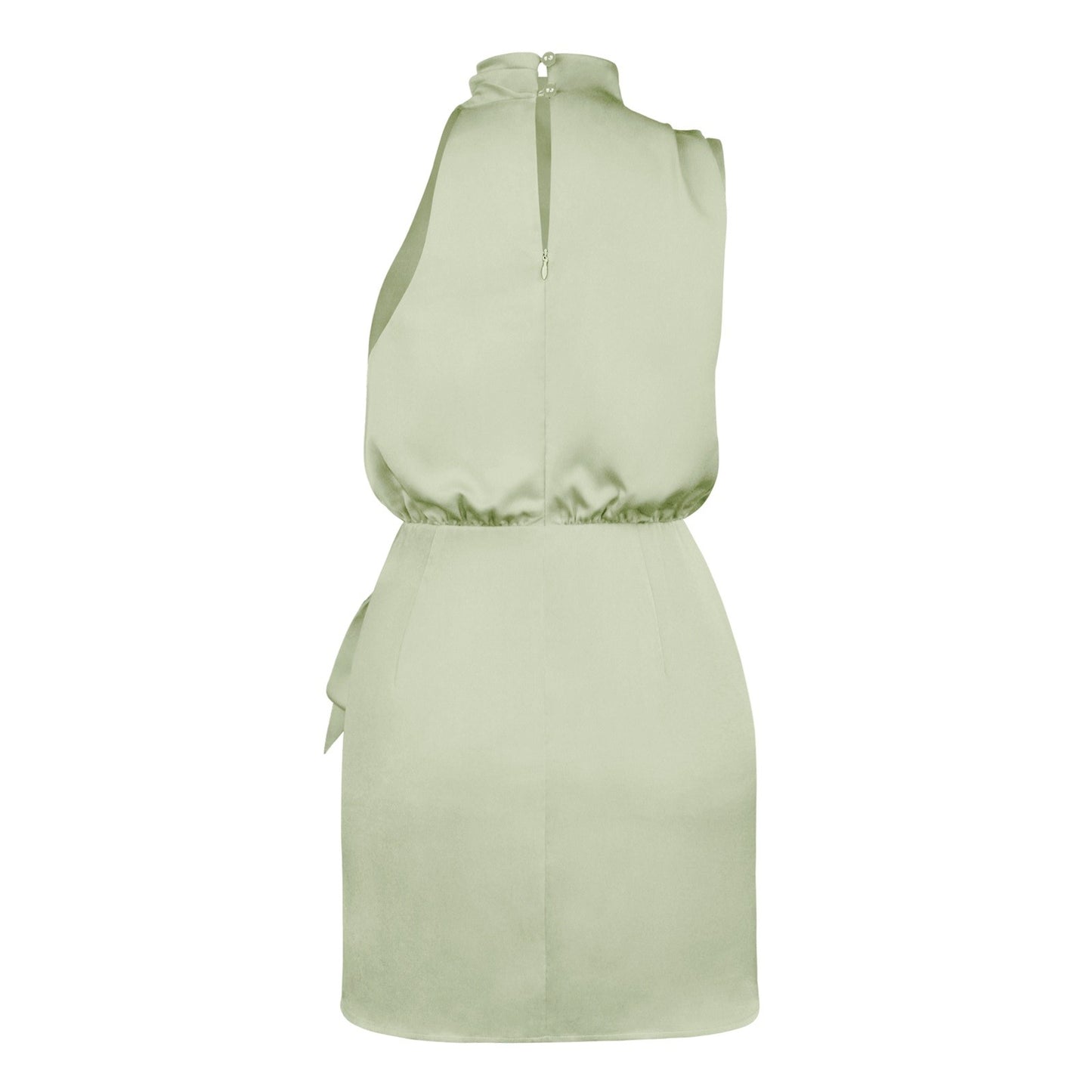 Vestido de fiesta de seda satinada negra para mujer, de verano, sin mangas, espalda descubierta, cuello alto, cintura anudada, ajustado, fruncido, para noche.