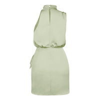 Vestido de fiesta de seda satinada negra para mujer, de verano, sin mangas, espalda descubierta, cuello alto, cintura anudada, ajustado, fruncido, para noche.