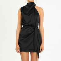 Vestido de fiesta de seda satinada negra para mujer, de verano, sin mangas, espalda descubierta, cuello alto, cintura anudada, ajustado, fruncido, para noche.