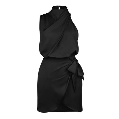 Vestido de fiesta de seda satinada negra para mujer, de verano, sin mangas, espalda descubierta, cuello alto, cintura anudada, ajustado, fruncido, para noche.