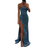 Women Evening Dress Spaghetti Strap Shiny Sequin Off Shoulder Sleeveless Low-cut High Split Loose Floor Length Women Prom Dress