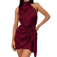 Vestido de fiesta de seda satinada negra para mujer, de verano, sin mangas, espalda descubierta, cuello alto, cintura anudada, ajustado, fruncido, para noche.