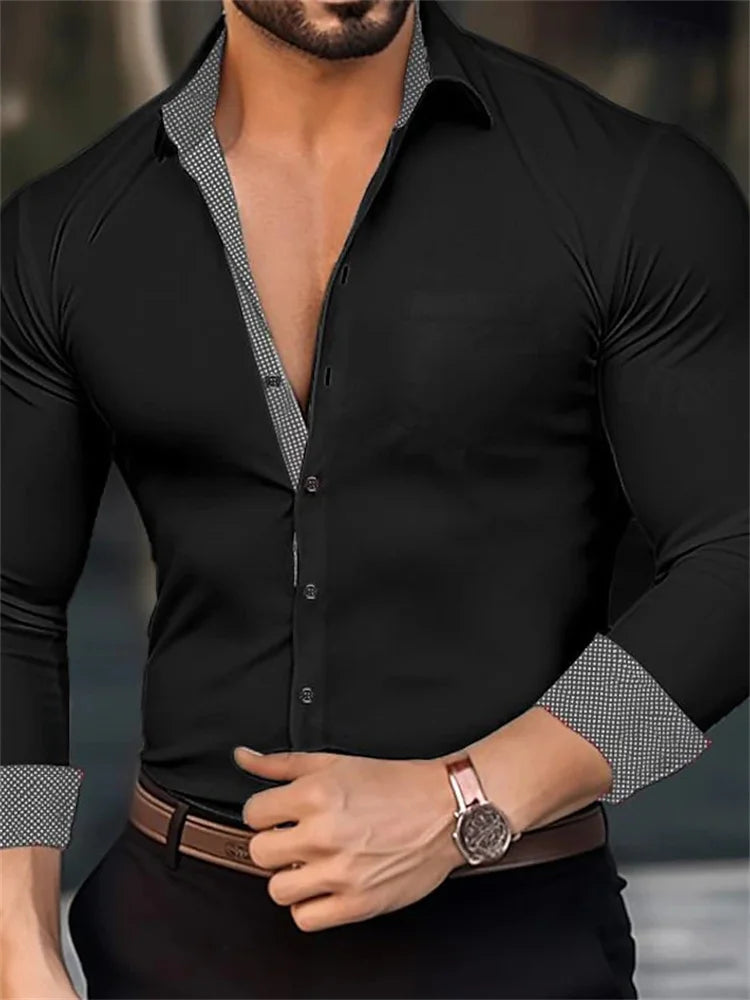 Camisa de negocios para hombre, con solapa, color negro, blanco y gris, manga larga con botones para exteriores, tela suave de alta calidad, tallas XS-6XL