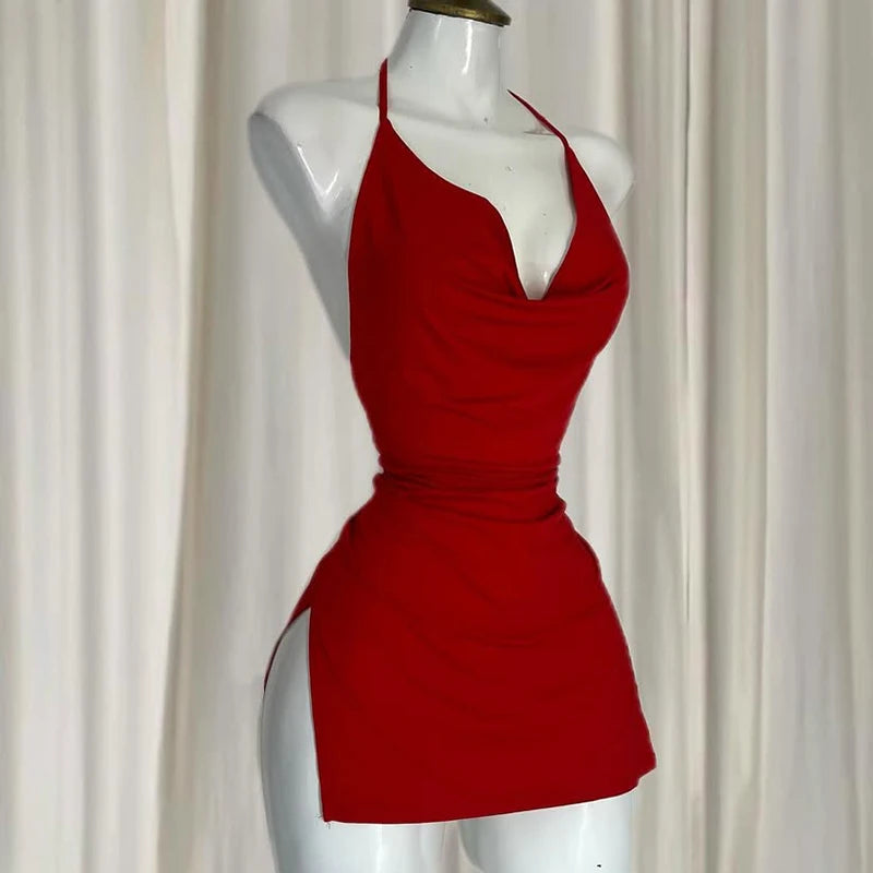 Vestido camisola sexy con cuello halter para mujer, vestido Spice Girl de verano, minivestido rojo sexy sin mangas con espalda descubierta Y2K, falda ajustada para mujer