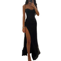 Women Evening Dress Spaghetti Strap Shiny Sequin Off Shoulder Sleeveless Low-cut High Split Loose Floor Length Women Prom Dress