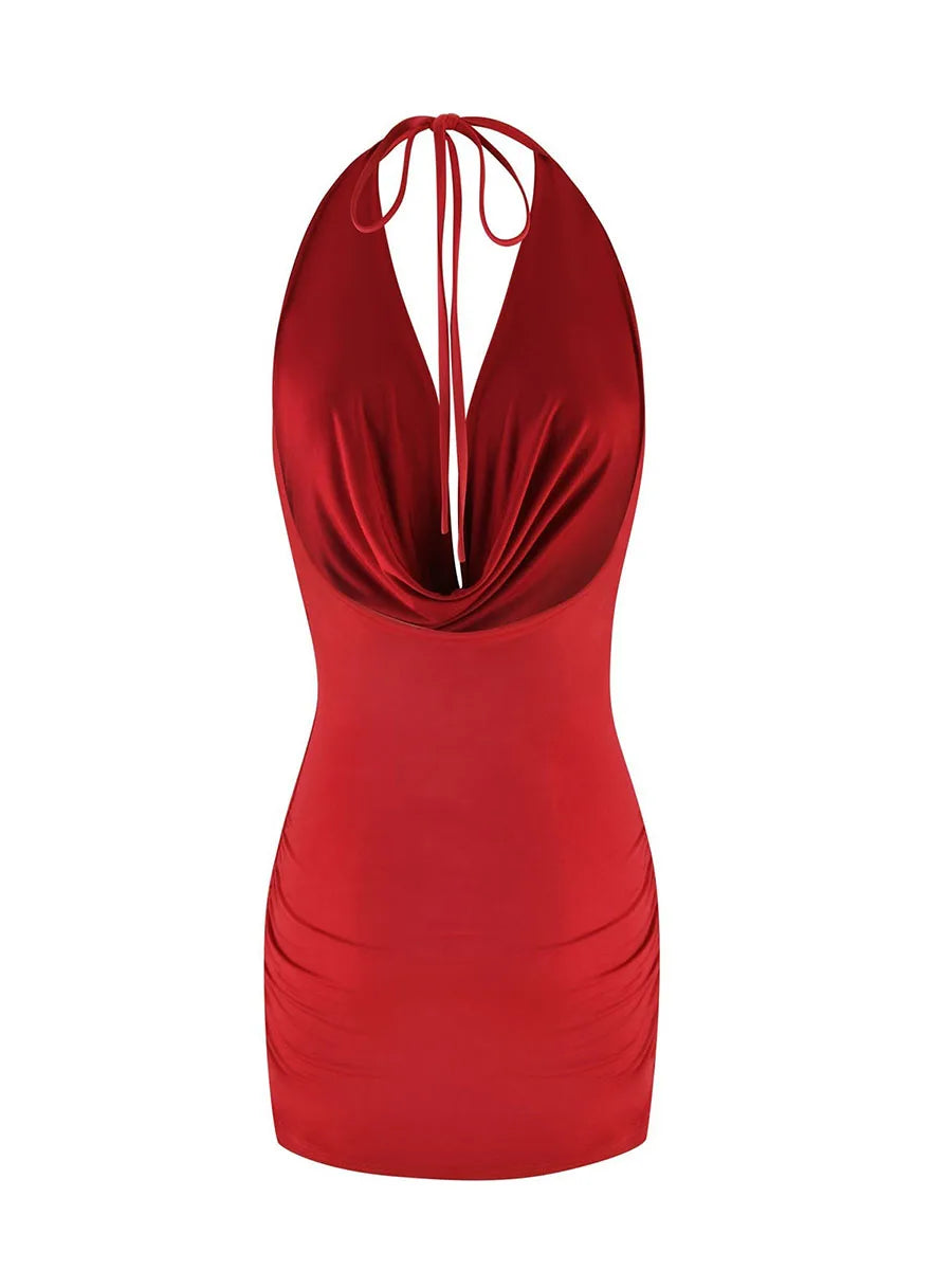 Vestido mini sexy sin mangas con cuello halter para mujer, espalda abierta y detalles fruncidos - Vestido de verano de color liso