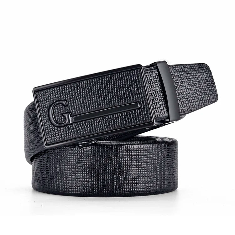 Men's Auto Buckle Business Belt - Textured PU Leather Strap, Metal Clasp Dress Belt Black (High Quality)