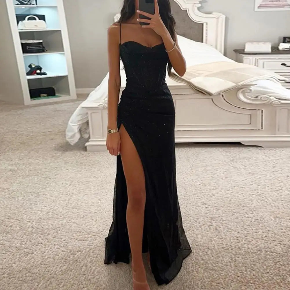 Women Evening Dress Spaghetti Strap Shiny Sequin Off Shoulder Sleeveless Low-cut High Split Loose Floor Length Women Prom Dress