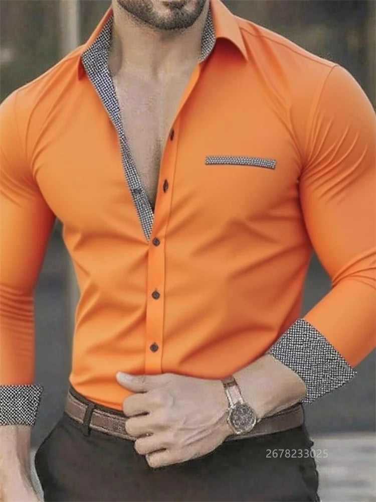 Camisa de negocios para hombre, con solapa, color negro, blanco y gris, manga larga con botones para exteriores, tela suave de alta calidad, tallas XS-6XL