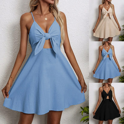 Nuevo vestido de tirantes con lazo para mujer, vestido de lino y algodón ajustado a la moda, vestido de verano informal de color liso