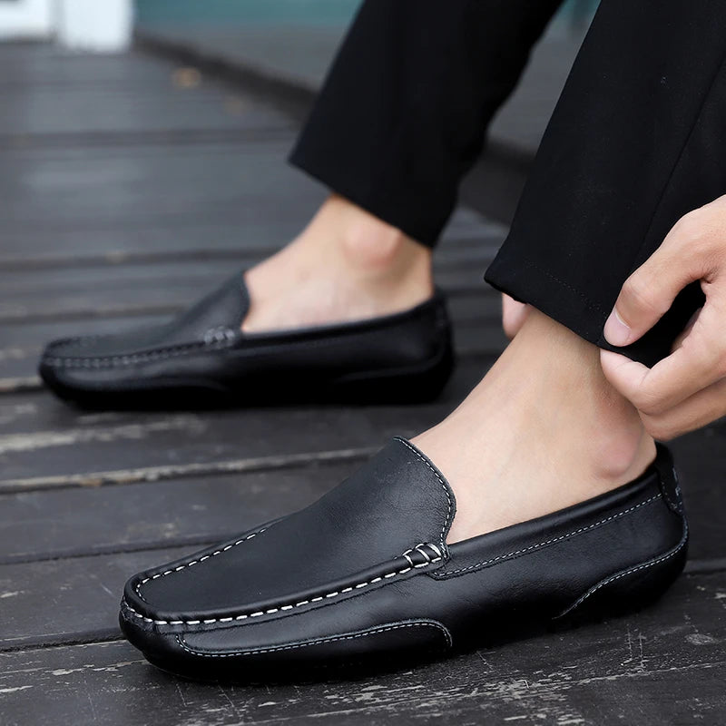Mocasines informales transpirables de piel auténtica para hombre, zapatos de cuero sin cordones, formales, italianos, planos, para conducir