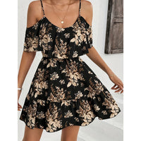 Elegante minivestido estampado con cuello halter para mujer, falda plisada con cintura lazada y manga corta con cuello en V, a la moda.