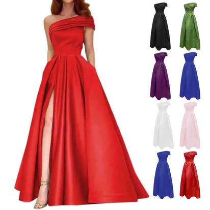 Women's Wedding Guest Dresses One Shoulder Satin Evening Dress High Waist Split Birthday Party Dress For Women فساتين سهرة
