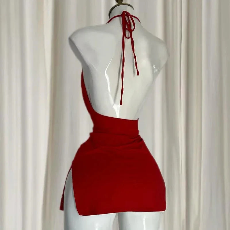 Vestido camisola sexy con cuello halter para mujer, vestido Spice Girl de verano, minivestido rojo sexy sin mangas con espalda descubierta Y2K, falda ajustada para mujer