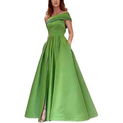 Women's Wedding Guest Dresses One Shoulder Satin Evening Dress High Waist Split Birthday Party Dress For Women فساتين سهرة