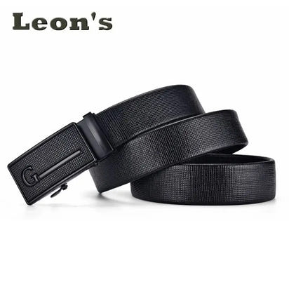 Men's Auto Buckle Business Belt - Textured PU Leather Strap, Metal Clasp Dress Belt Black (High Quality)