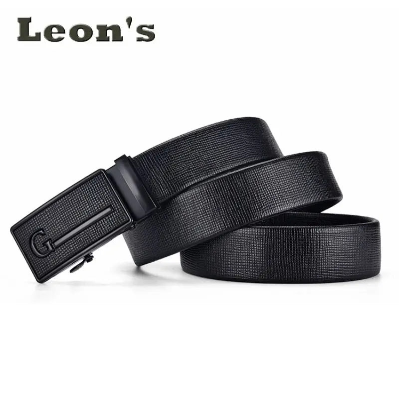 Men's Auto Buckle Business Belt - Textured PU Leather Strap, Metal Clasp Dress Belt Black (High Quality)