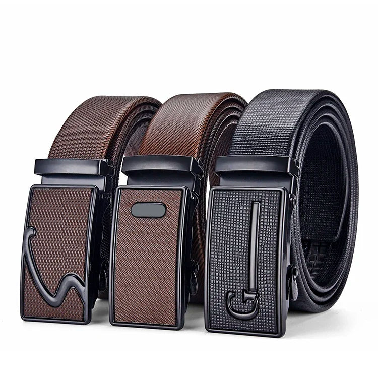 Men's Auto Buckle Business Belt - Textured PU Leather Strap, Metal Clasp Dress Belt Black (High Quality)