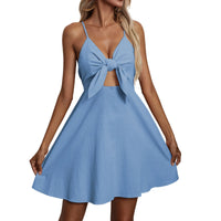 Nuevo vestido de tirantes con lazo para mujer, vestido de lino y algodón ajustado a la moda, vestido de verano informal de color liso