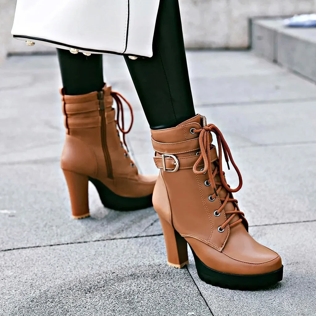 Botines de tacón alto con cordones para mujer, botas de plataforma para otoño e invierno, zapatos de moda de talla grande, blancos, negros y marrones, 2025